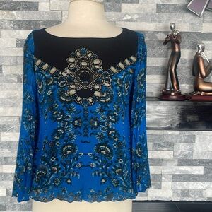 Alfani Top 6 Blue Black Flared Sleeve Blouse Women's